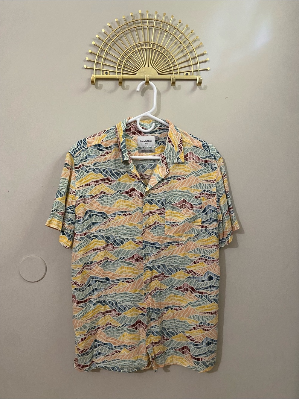 Goodfellow & Co Yellow, Blue & Pink Wave-Print Short Sleeve Button-Up Shirt